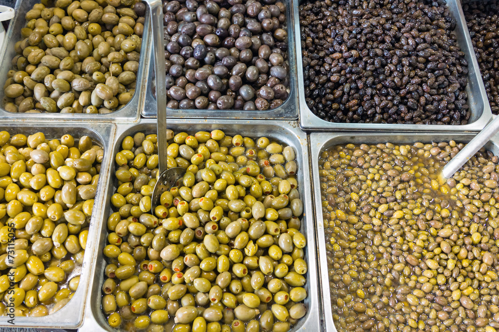 A selection of olives for sale at a market