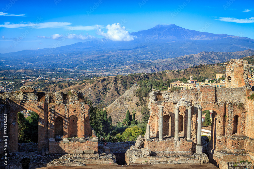 Greek Theatre Ruins with Mount Etna in Background