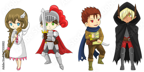 Four fantasy cartoon warriors and wizard characters set (vector)