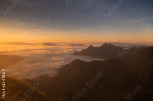 mountains under mist in the morning in Phuchifa chiang rai,Thail