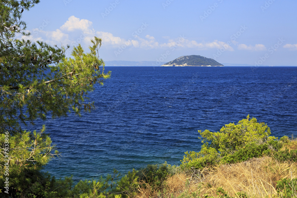 Beautiful Kelyfos (Turtle) Island in Aegean Sea.