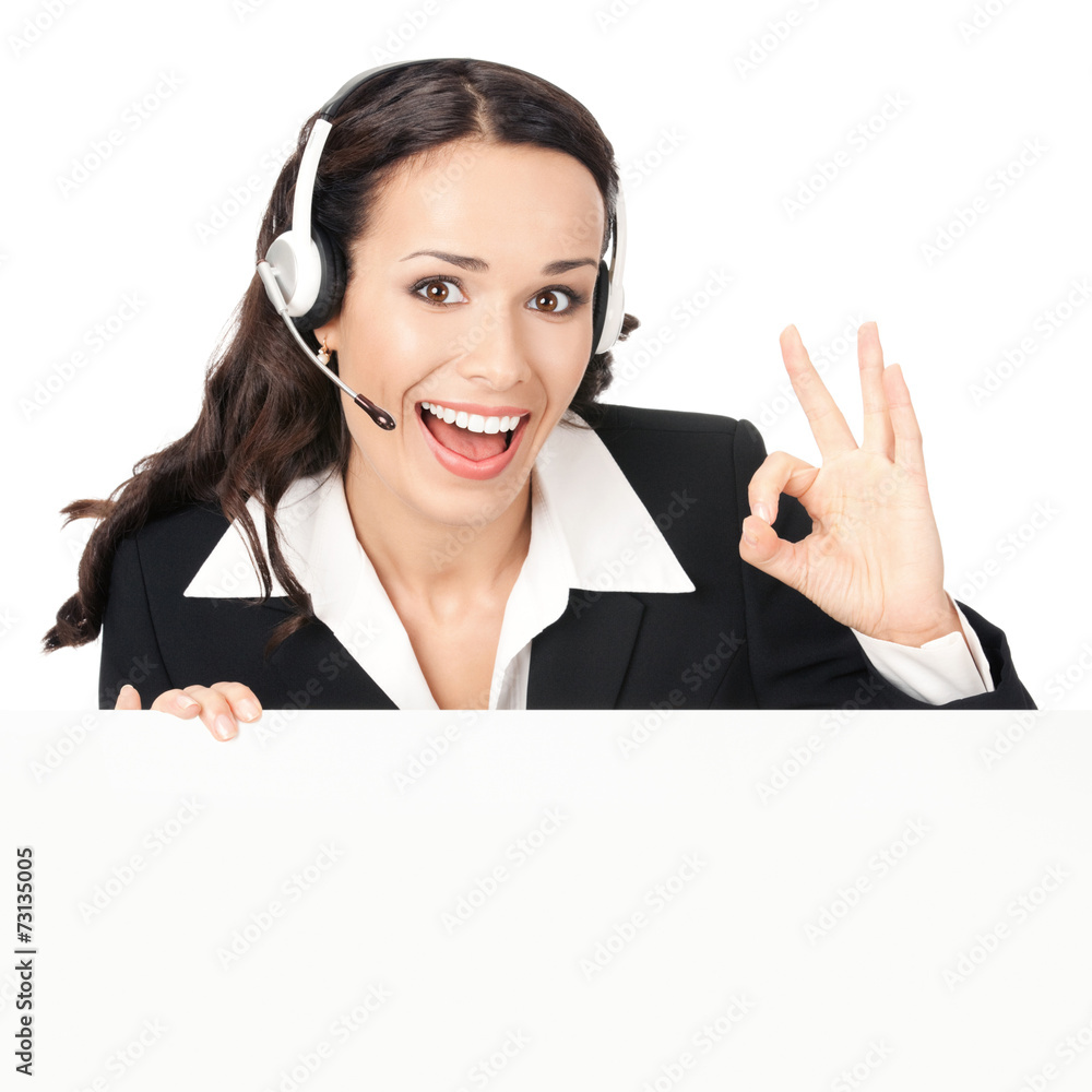 Support phone operator with signboard, isolated Support phone operator with signboard, isolated