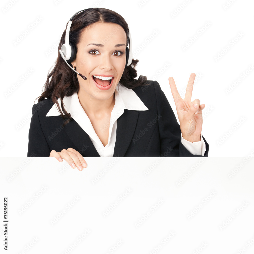 Support phone operator with signboard, isolated Support phone operator with signboard, isolated