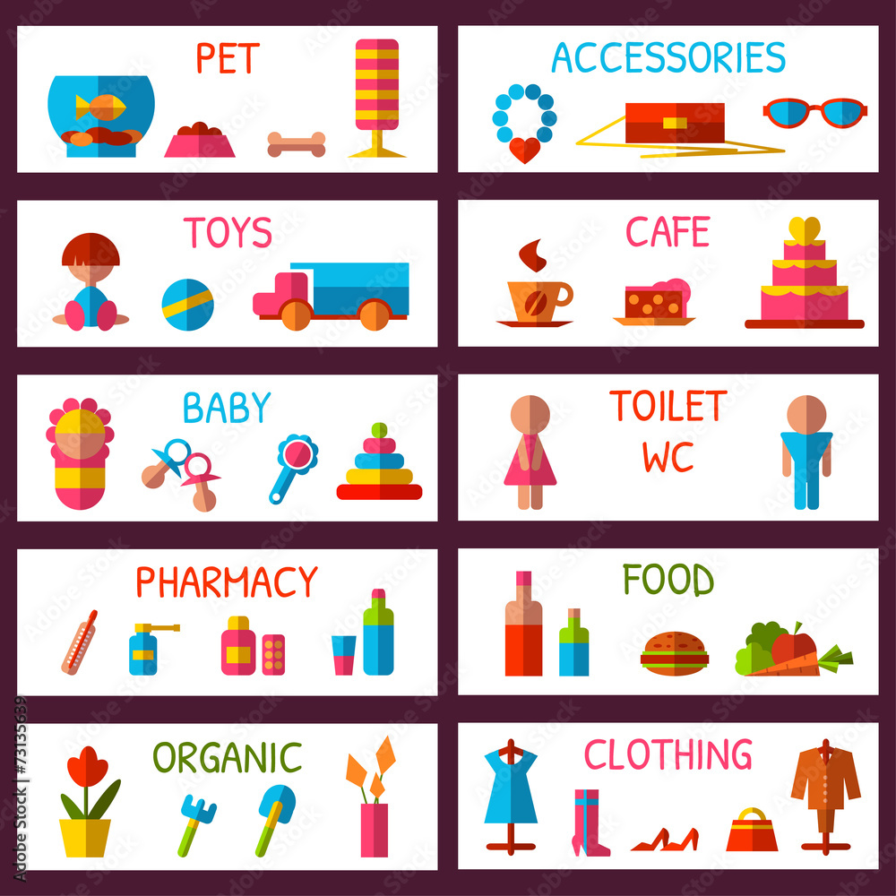 Vector set of market signages in flat style Vector set of market signages in flat style