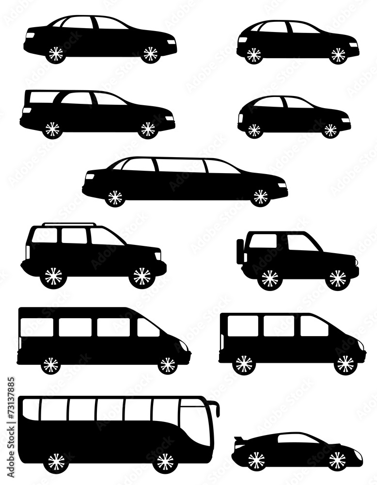 set icons passenger cars with different bodies black silhouette