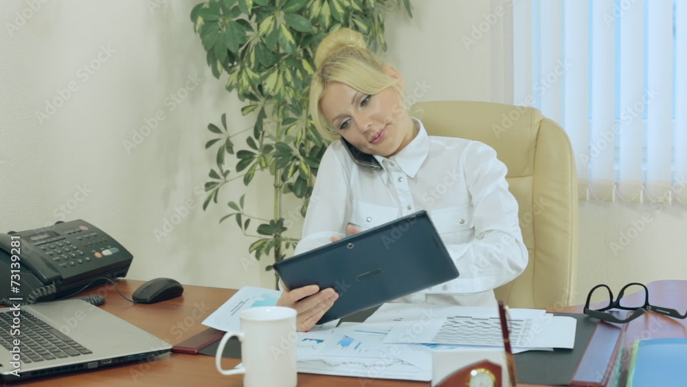 Business woman speaks by mobile phone and discusses important