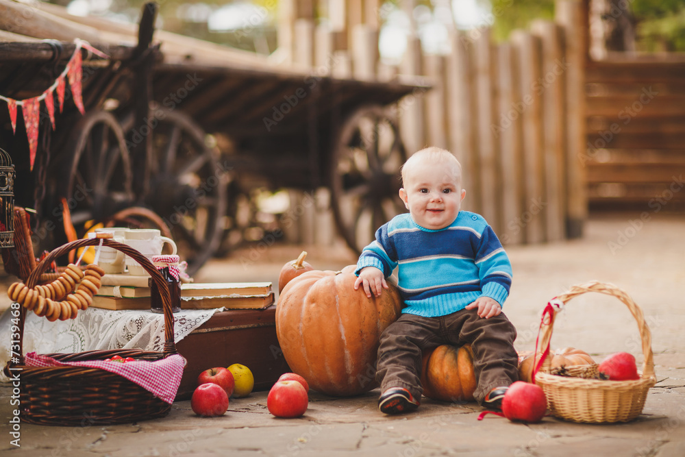 Fototapeta premium kid playing in the yard of his house in the village