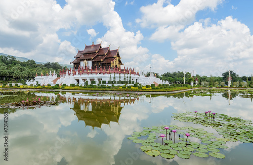 Beautiful view of Thai Lanna architecture with lotus pond in Chi