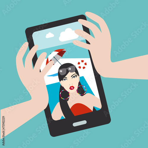 Selfie photo. Woman on the beach. Vector.