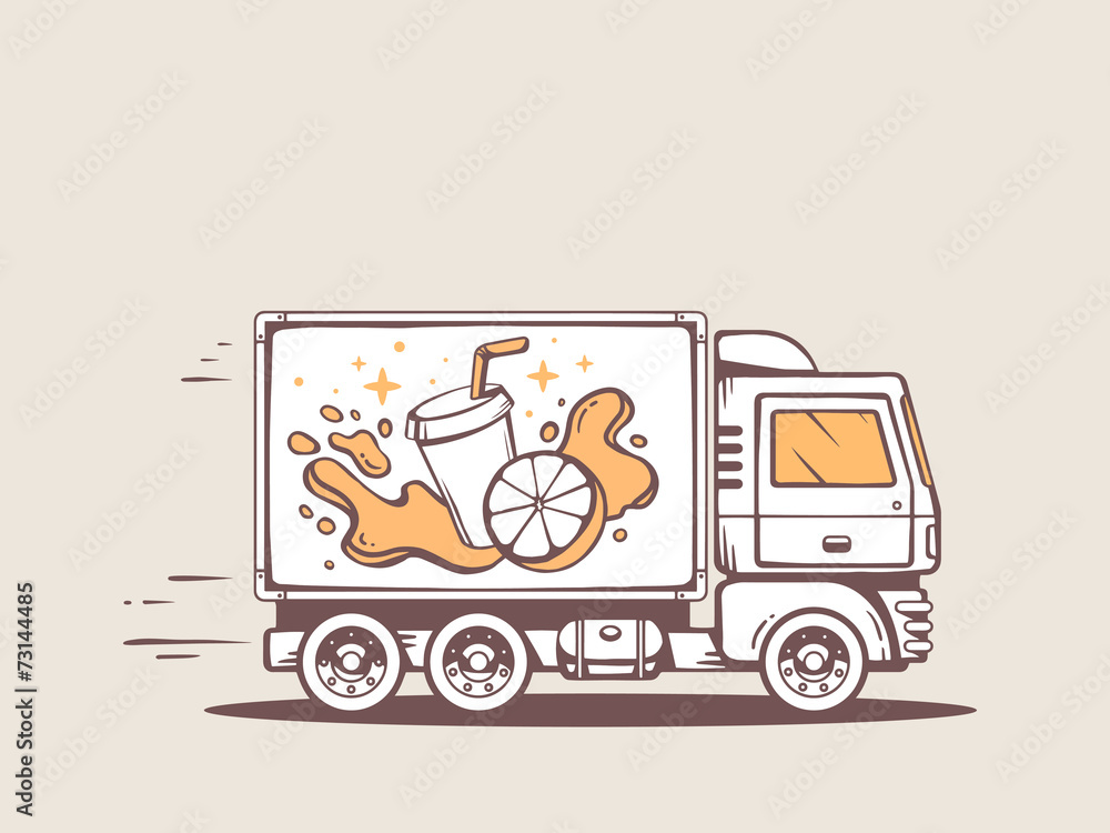 Vector illustration of truck free and fast delivering fresh frui Vector illustration of truck free and fast delivering fresh frui
