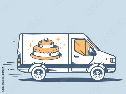 Vector illustration of van free and fast delivering cake to cust