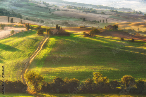 Beautiful sunrise over the Val d'Orcia in Tuscany, natural park