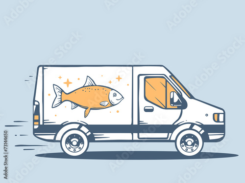 Vector illustration of van free and fast delivering fish to cust