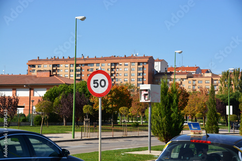 señal y radar de limitacion 50 en las calles de  burgos photo