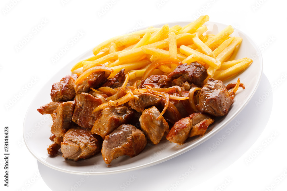 Grilled meat with French fries 