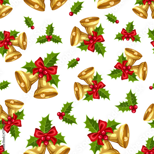 Seamless background with golden Christmas bells. Vector.