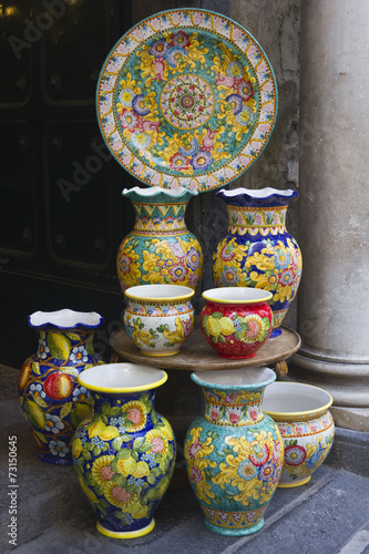 Colorful display of traditional Amalfi hand painted ceramics