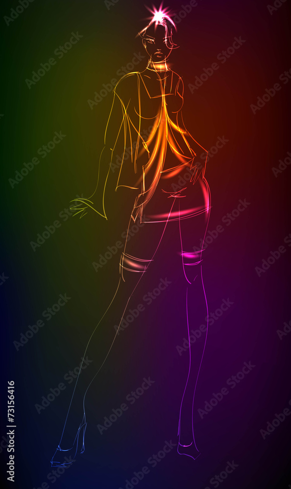 Hand-drawn fashion model from a neon. A light girl's Hand-drawn fashion model from a neon. A light girl's