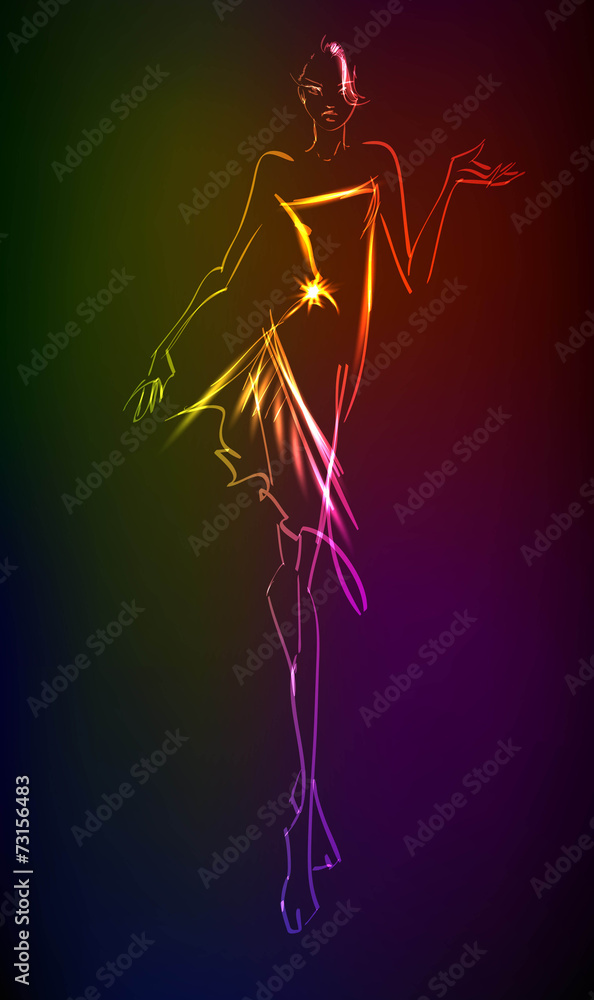 Hand-drawn fashion model from a neon. A light girl's Hand-drawn fashion model from a neon. A light girl's