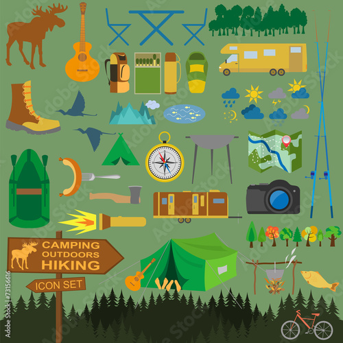 Set camping icon, hiking, outdoors