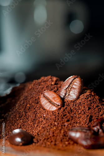 Closeup of coffee beans at roasted coffee heap