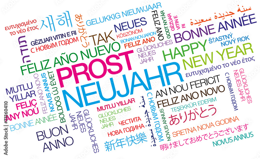 Fototapeta premium Prost Neujahr internationalen traduction Farben tag cloud