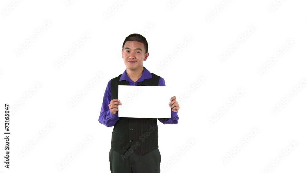 model isolated on white confident with balnk sign