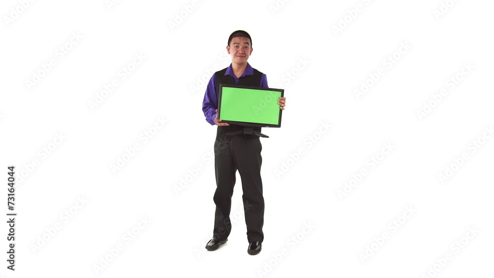 model isolated on white confident with greenscreen computer model isolated on white confident with greenscreen computer