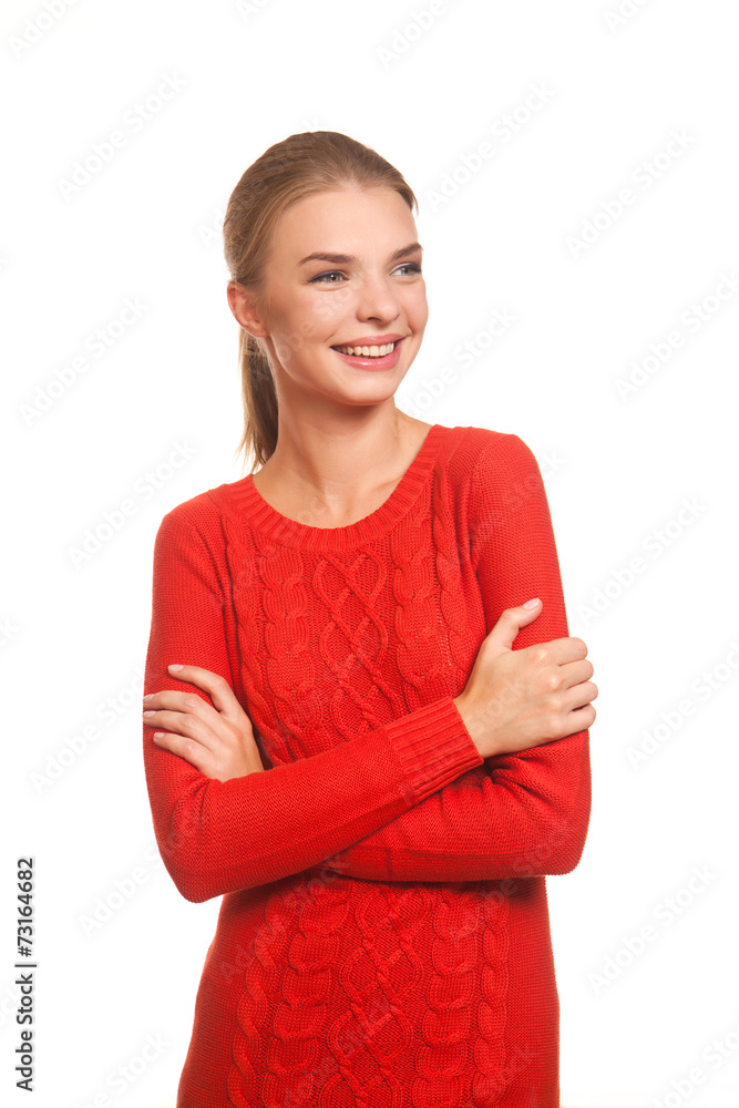 Model posing in the red dress on white background Model posing in the red dress on white background