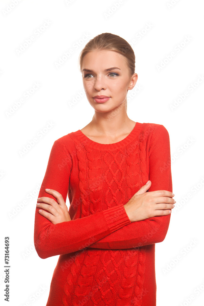 Model posing in the red dress on white background Model posing in the red dress on white background