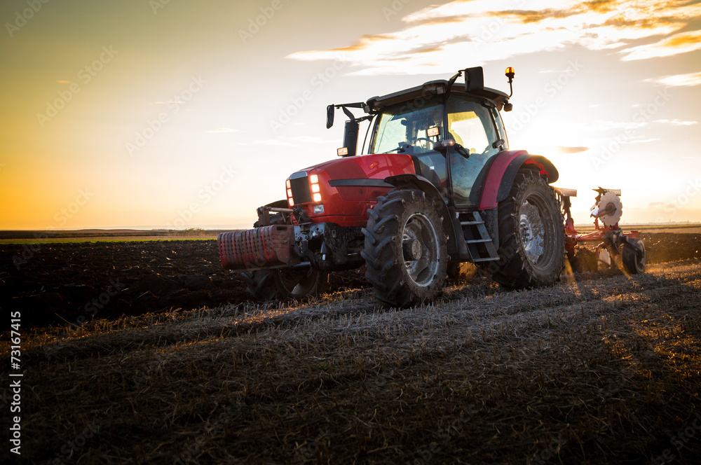 Fototapeta premium Farmer plowing stubble field with red tractor at sunset