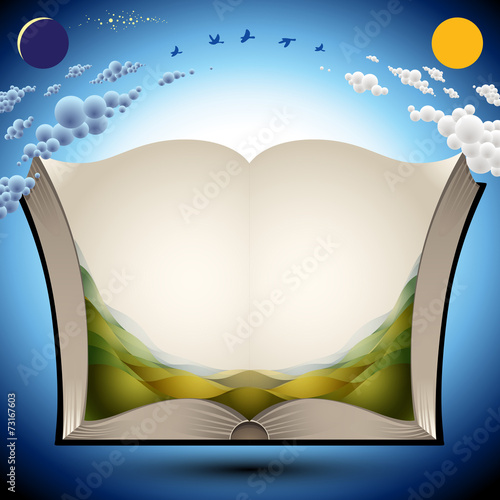 Open book with nature landscape.