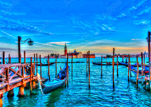 several Gondolas docked at Venice Italy. HDR © imagIN photography