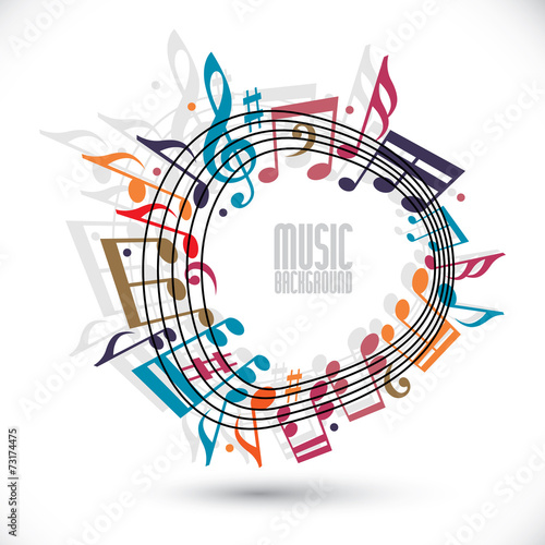 Colorful music background with clef and notes, music sheet in ro