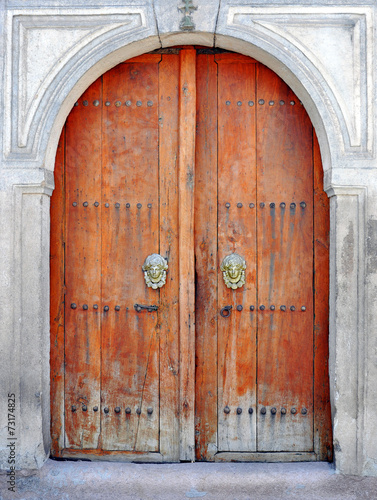 old wooden door with a bronze head and iron rivets © drutska