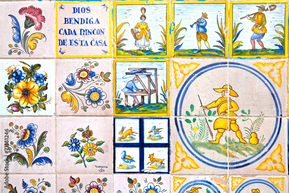 Decorative tiles on Madrid street. National decorative art with 