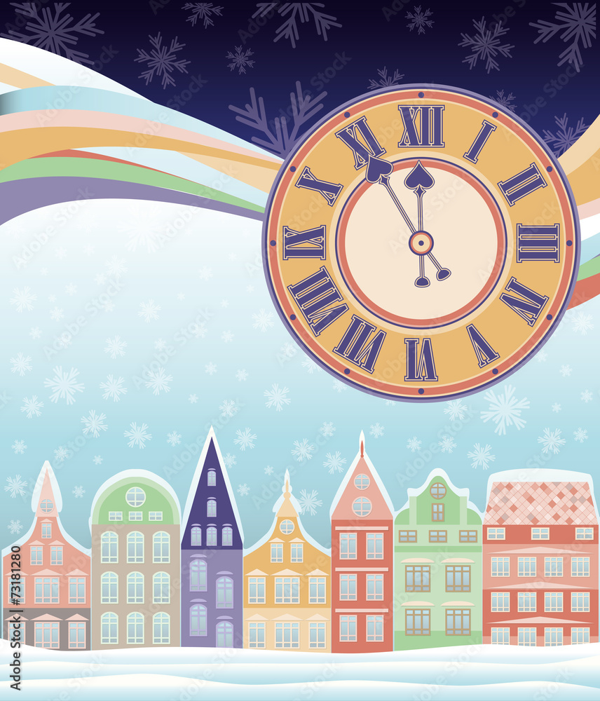 New year and Merry Christmas winter card with clock