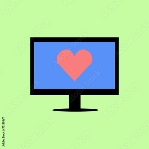 Flat style computer with red heart