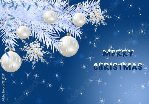 Blue Christmas background with white  balls and silver fir.