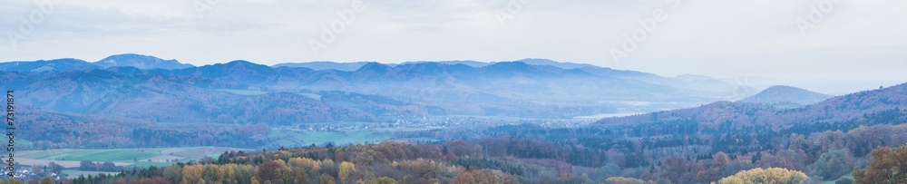 panorama of misty landscape in black forest valley