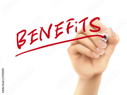 benefits word written by hand