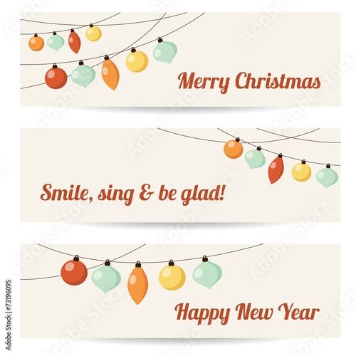 Set of retro banners with garlands, christmas balls, vector