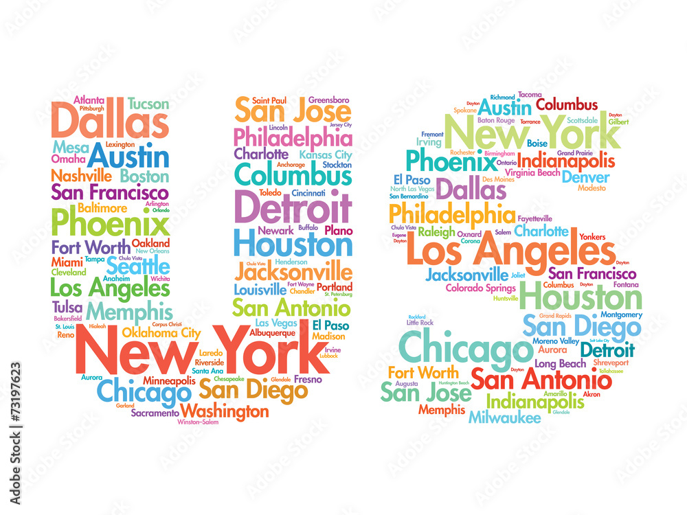 Fototapeta premium US letters with cities names words cloud, vector concept