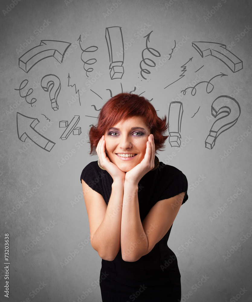Cute young girl with question sign doodles Cute young girl with question sign doodles