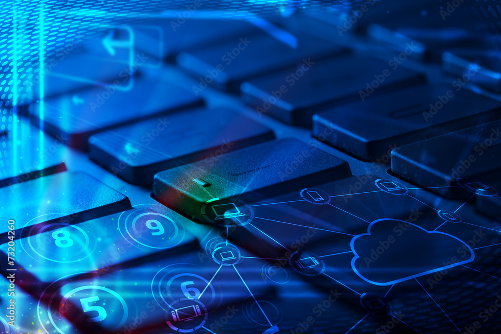 Keyboard with glowing cloud technology icons Keyboard with glowing cloud technology icons