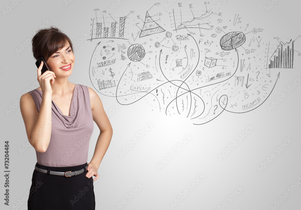 Business girl presenting hand drawn sketch graphs and charts Business girl presenting hand drawn sketch graphs and charts