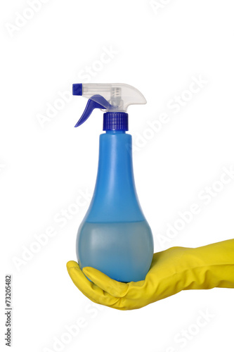 Cleaning equipment, sprayer in hand with gloves isolated