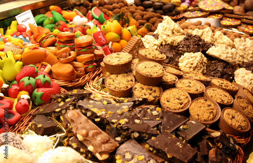 bakery storefront: arranged chocolate and marzipan pastry