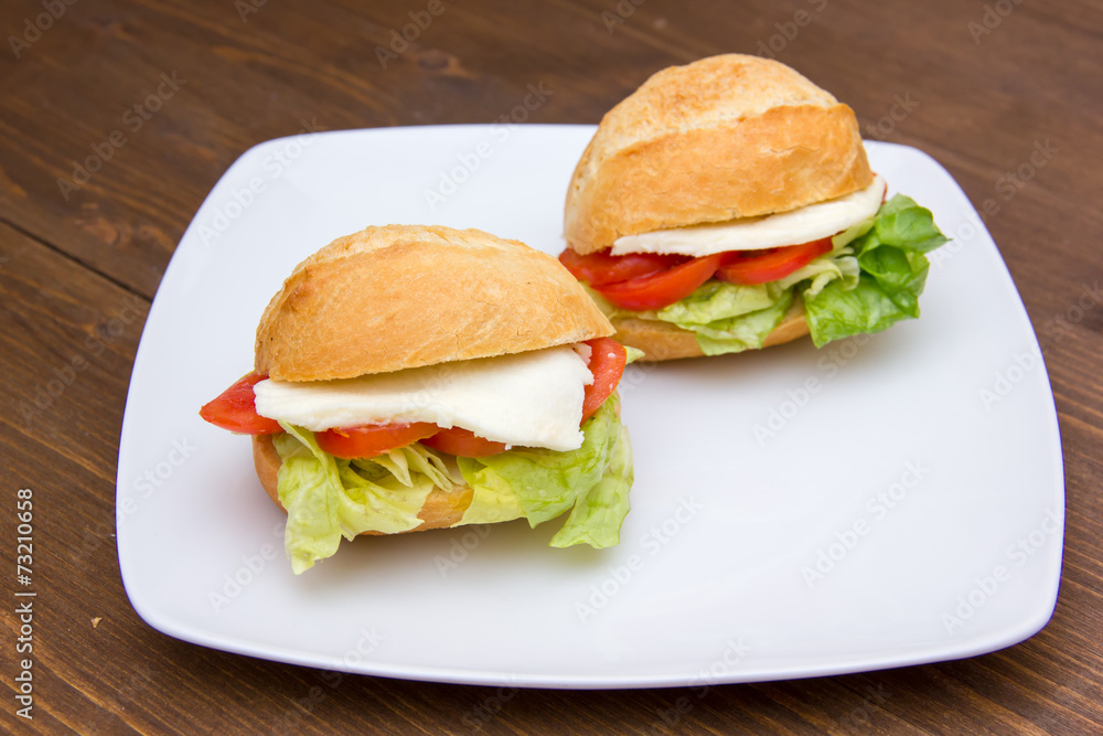 Sandwiches with tomato and cheese on plate over wooden table Sandwiches with tomato and cheese on plate over wooden table