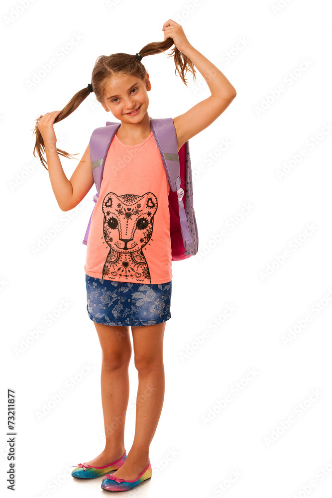 Young school girl with schoolbag isolated over white background Young school girl with schoolbag isolated over white background